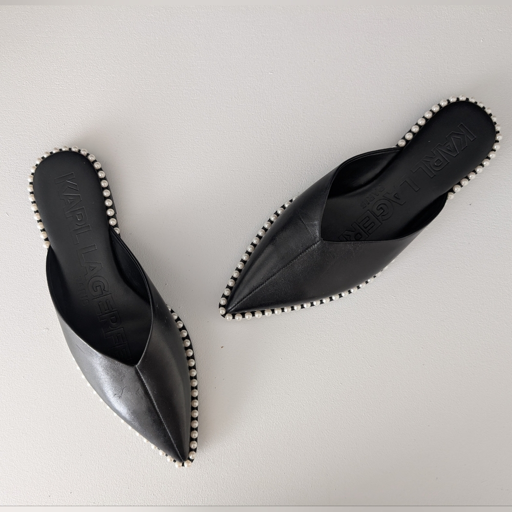 Karl Lagerfeld Black Pearl-Trim Pointed Toe Mules